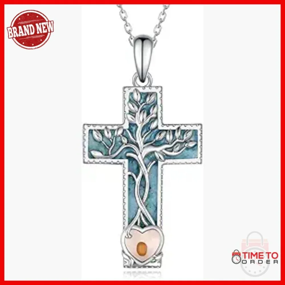925 Sterling Silver Cross Pendant Necklace with Mustard Seed Tree of Life